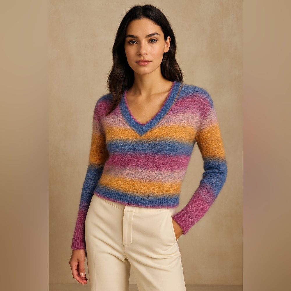 ASTR the Label Multicolour Ombre Striped V neck Crop Sweater Mohair Wool Retro